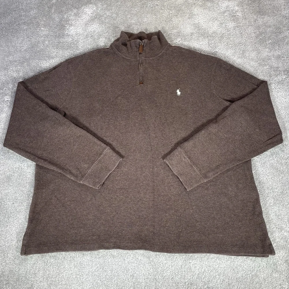 Polo Ralph Lauren 1/4 Zip Sweater Mens 2XL‎ Pullover Brown Knit Cotton Preppy